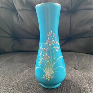 Vintage 80s Engraved Blue Laquer Wood 6in Lotus Flower Vase Japanese Asian Decor